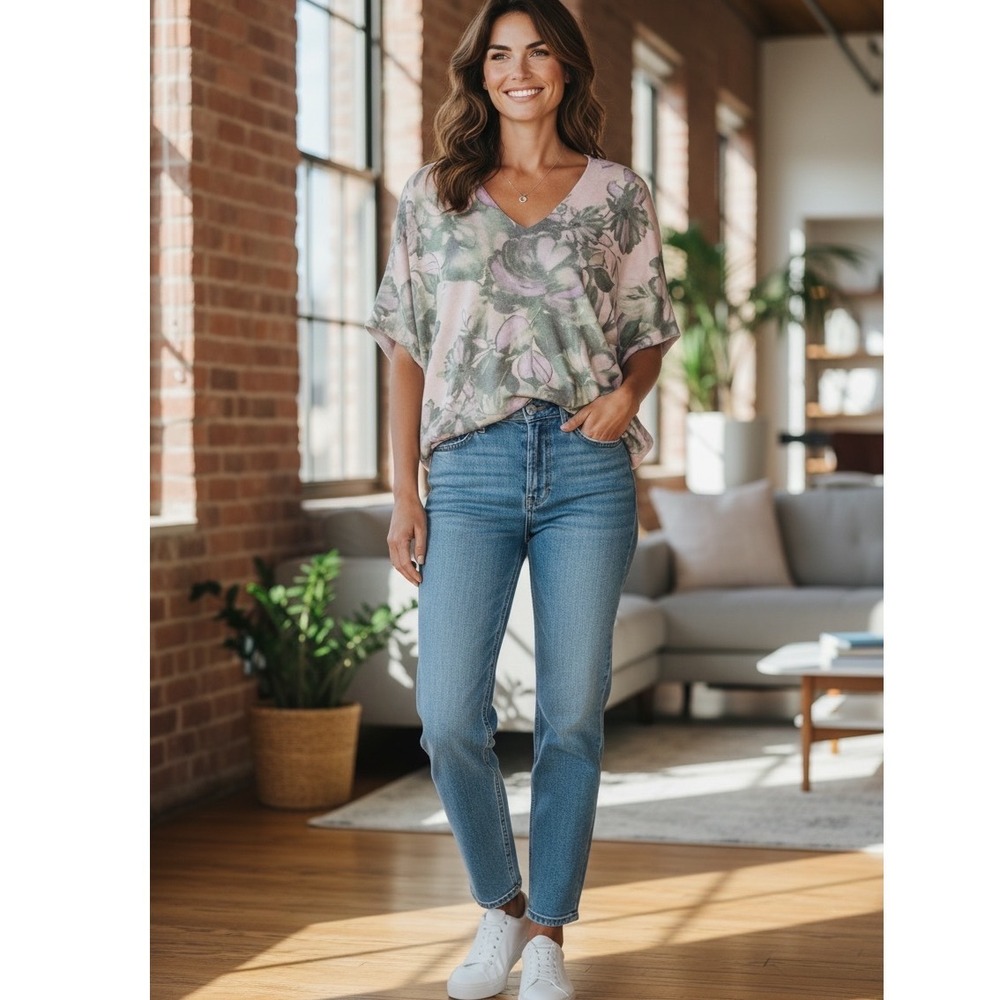 Sioni Women's V-Neck Short Sleeve Floral Knit Top, Multi Color, X-Small NWT